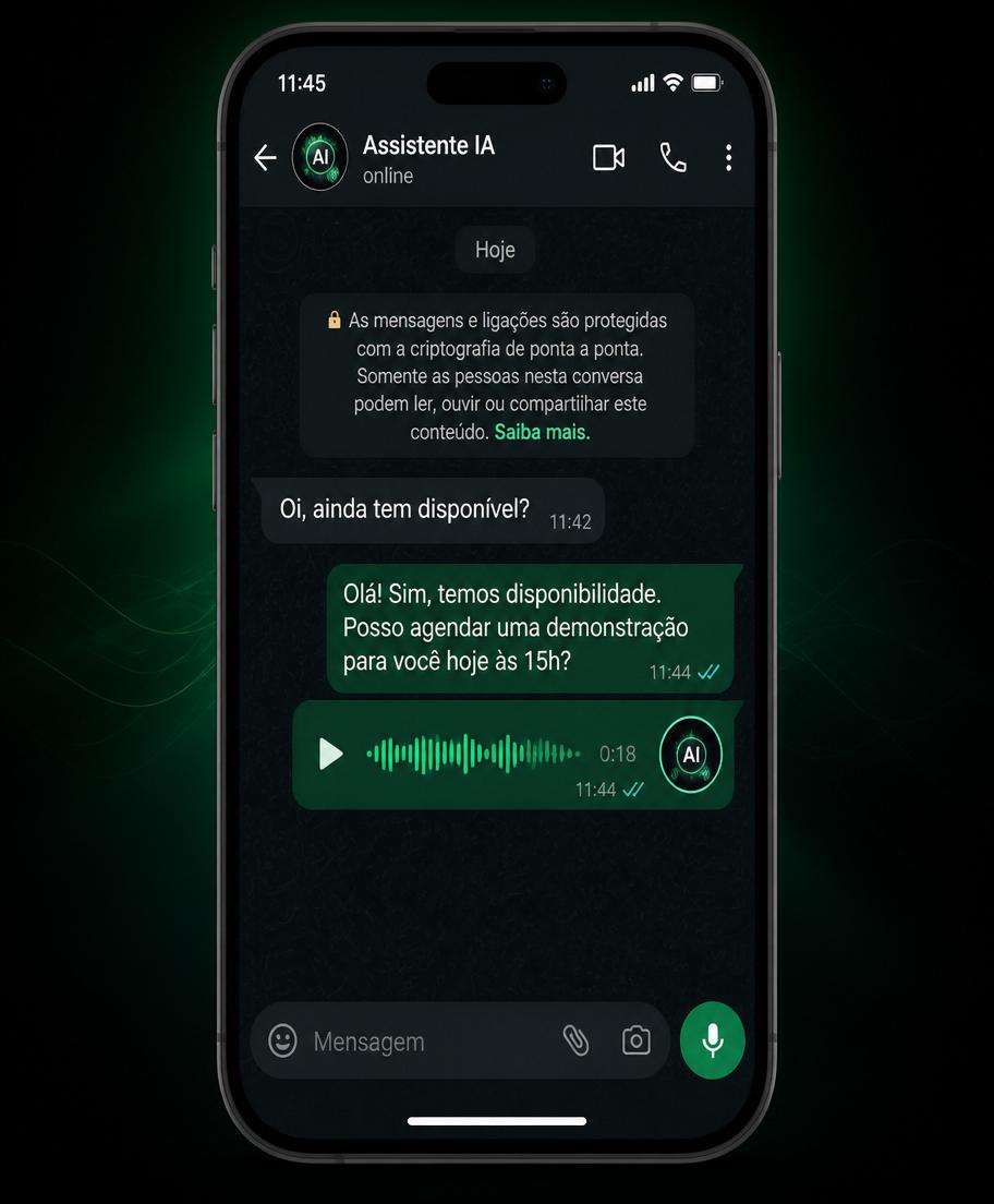 Mockup de conversa no WhatsApp com IA da Conexão.IA respondendo humanizado
